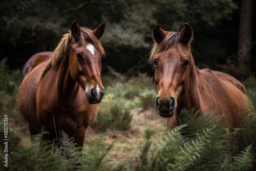 Brown Horses Eating Grass in Dorset's New Forest National Park. Generative AI
