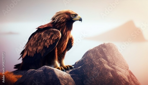 Eagle on cliff with mountains in background. Generative AI