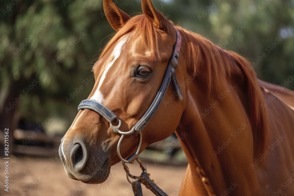 Fototapeta premium Red head collar on an Arab mare. Generative AI