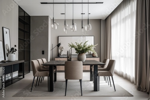 A great modern dining room would look sleek and minimalistic, with clean lines, a cohesive color scheme, and statement pieces that add visual interest and texture - Generative AI