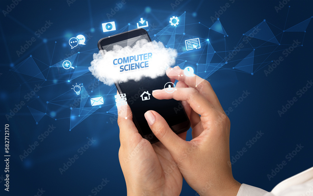 Hand using smartphone with cloud technology concept Hand using smartphone with cloud technology concept