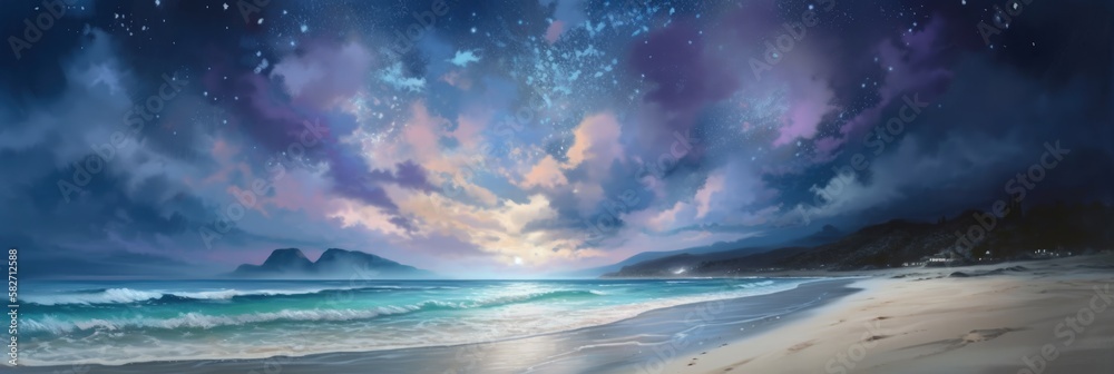 Panoramic ocean view late evening after sunset, calming blue colors, refreshing sea vibes, sandy beach, far horizon, star filled summer night - generative AI
