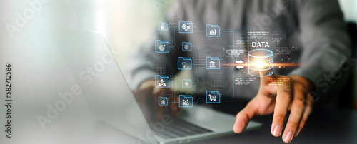 Database management cloud computing or data center cyber security file document transfer or business administrator analysis to growth and service information technology system concepts.