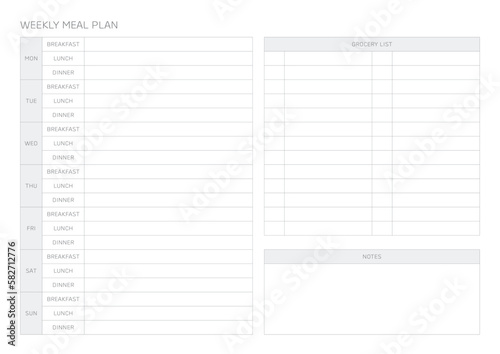 A weekly meal plan design template in a modern, simple, and minimalist style. Note, scheduler, diary, calendar, planner document template illustration.