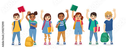 Smiling school children boys and girls with backpacks set isolated vector illustration. Multiethnic cute kids waving with books.
