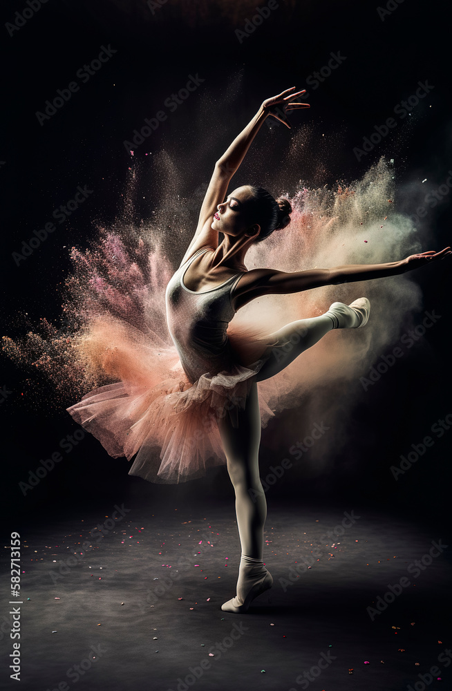 Generative AI illustration of Young and beautiful girl dancing classical ballet on a stage surrounded by colored powders