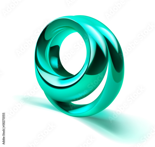Abstract figure of two shiny metal rings of green color, with a shadow on a white background