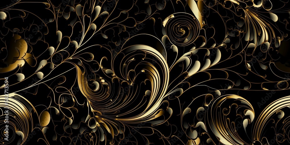 3D Render of black and gold swirls, tile pattern design, Created with generative AI tools 3D Render of black and gold swirls, tile pattern design, Created with generative AI tools