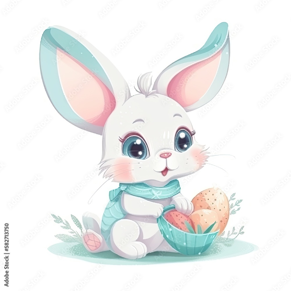 Fototapeta premium Adorable Easter Bunny cartoon on a white background. Generative AI