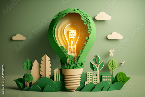 Green Energy and Sustainability Papercut illustration concept, climate change, carbon emissions, generative AI