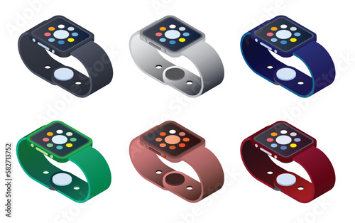 Set of Smart watch | Smartwatch |. black , white , blue  , green and red watches. wearable technology isometric composition