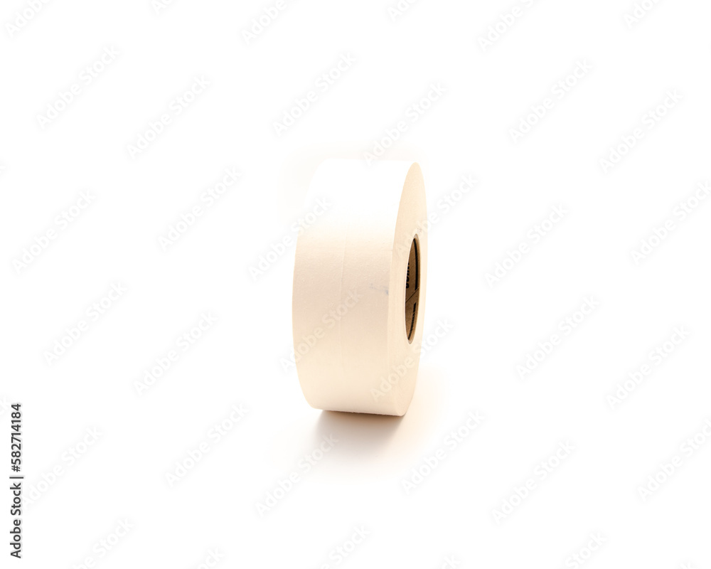 Side view brand new drywall tape paper joint roll to reinforce joints and corners, resist cracking, stretching building material isolated white background Side view brand new drywall tape paper joint roll to reinforce joints and corners, resist cracking, stretching building material isolated white background