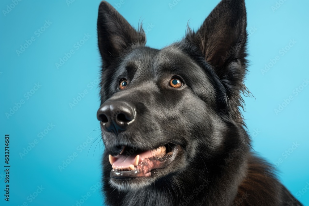 Isolated on a light blue background, a black German shepherd dog. Photographed in a studio. Generative AI Isolated on a light blue background, a black German shepherd dog. Photographed in a studio. Generative AI