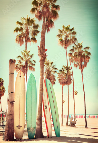 Row of Surfboards on the Beach with Palm Trees and Blue Sky in the Background, AI Generated photo