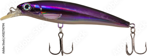 Fishiing lure with two treble hooks that is purple