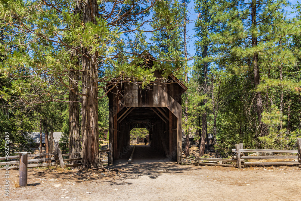 Wawona historic covered bridge in Yosemite National Park, in the Pioneer Yosemite History Center.