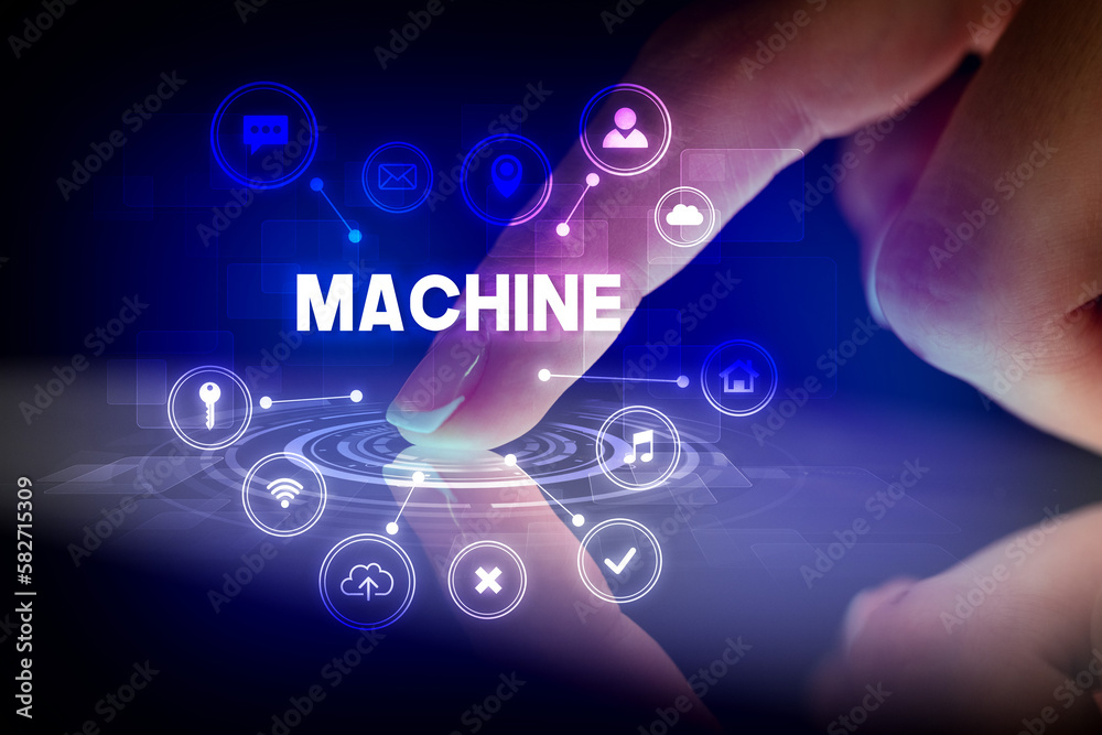 Finger touching tablet with web technology icons concept Finger touching tablet with web technology icons concept