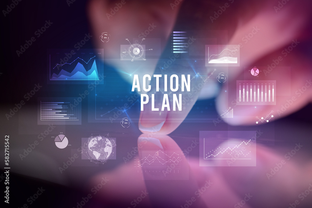 Finger touching tablet with business graphs and icons concept Finger touching tablet with business graphs and icons concept