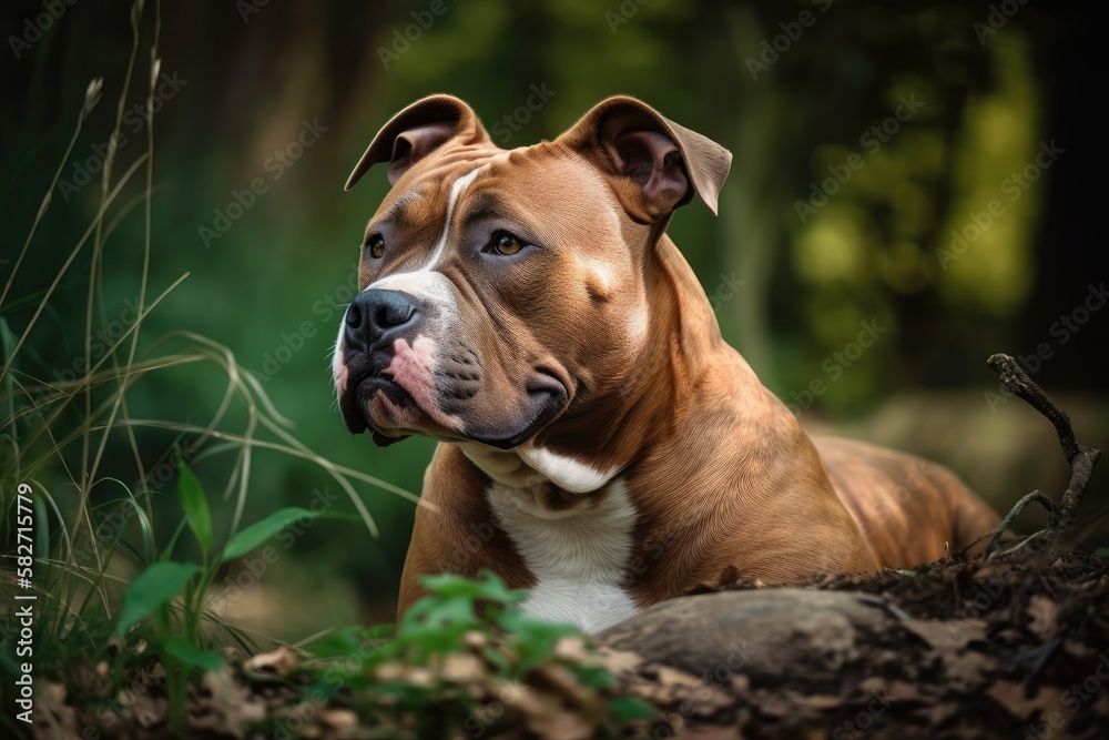 On the alley near the park, there is a beautiful dog breed pit bull terrier primer. Generative AI