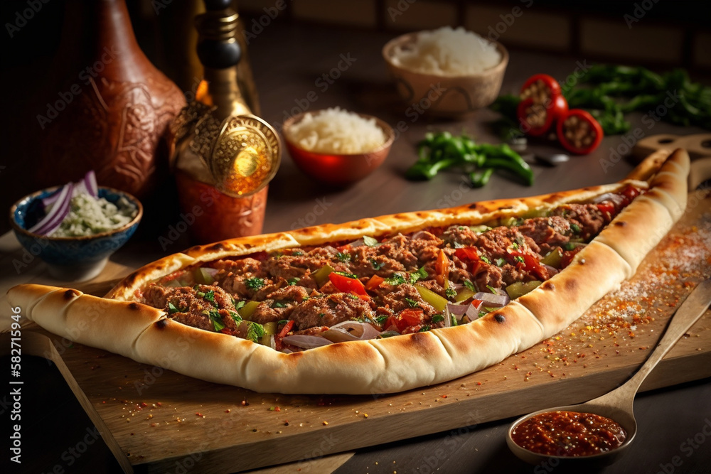 turkish pizza, pide, created by a neural network, Generative AI technology - obrazy, fototapety, plakaty 