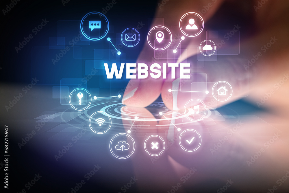 Finger touching tablet with web technology icons concept Finger touching tablet with web technology icons concept