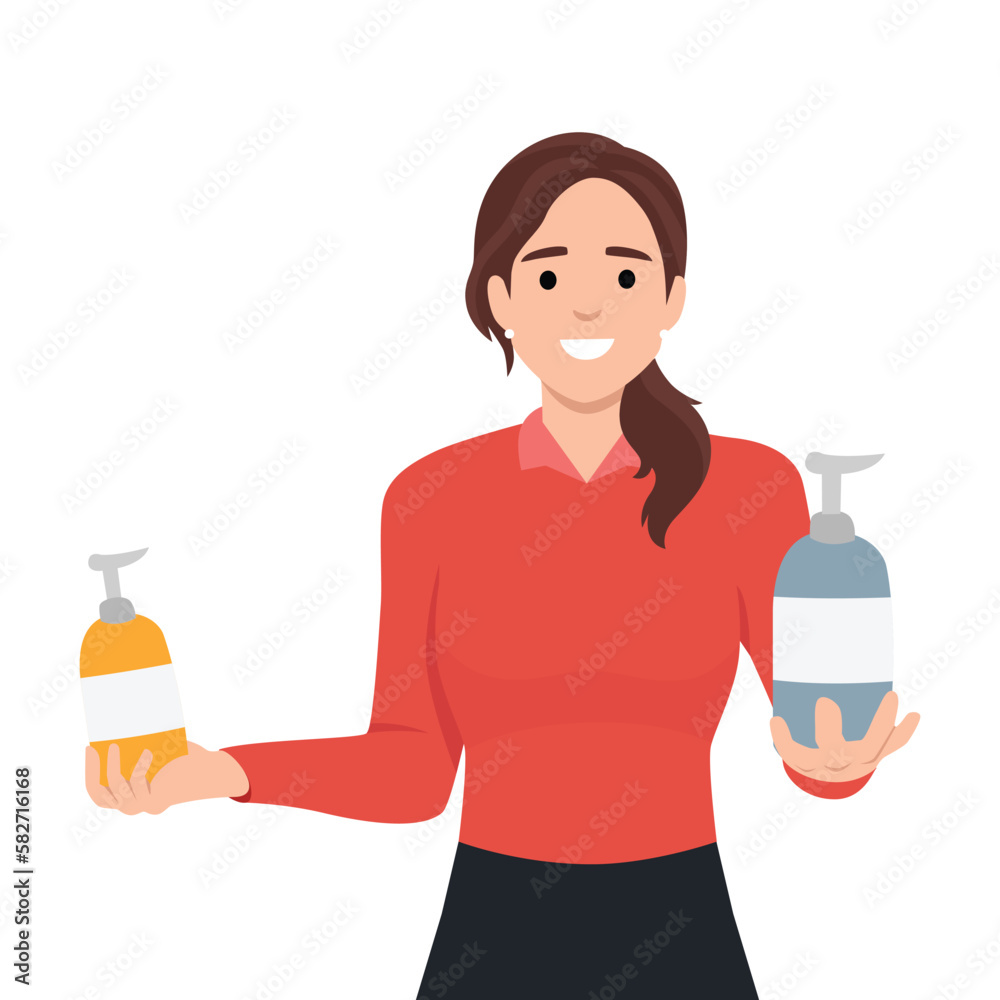 Young woman holding bottle and tube with certified organic natural cosmetics. Flat vector illustration isolated on white background Young woman holding bottle and tube with certified organic natural cosmetics. Flat vector illustration isolated on white background