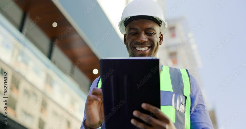 Tablet, engineering and happy man for construction job, project management or progress update. Typing, planning of black person or architecture contractor with digital technology in urban city below