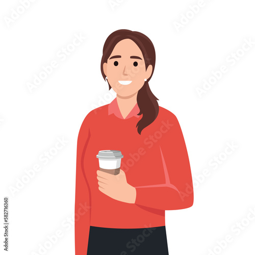 Business woman holding cup of cofee. Beautiful businesswoman in formal clothes standing straight. Cute cartoon character. Flat vector illustration isolated on white background