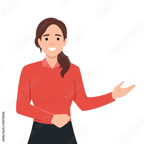 Beautiful Business Woman Executive doing a presentation. Flat vector illustration isolated on white background