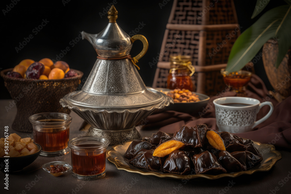 Fototapeta premium Close up variety of table with arabic food during iftar meal on ramadan AI generated