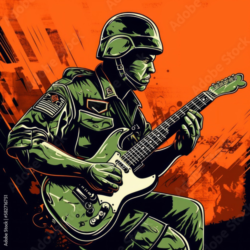 Solder playing a guitar solo  Red grunge background  Vector Art  Screen print. Generative AI