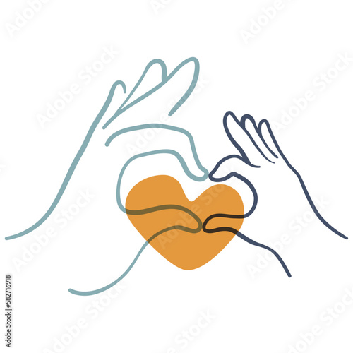 Hands forming heart blue and mustard. Adult and child. Two hands. Vector icon. Vector illustration