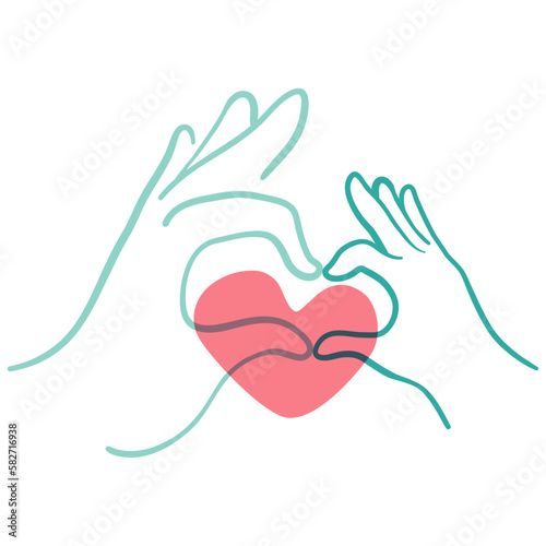 Hands forming heart turqoise and pink. Adult and child. Two hands. Vector icon. Vector illustration