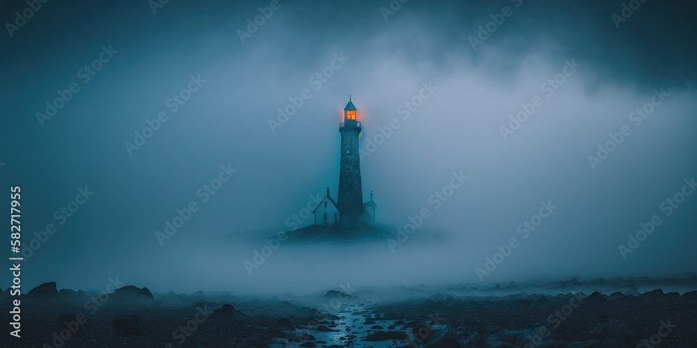 Lighthouse in fog, generative ai