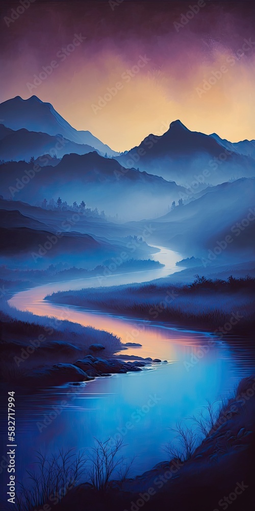 Obraz premium Foggy River at Sunset, generative ai