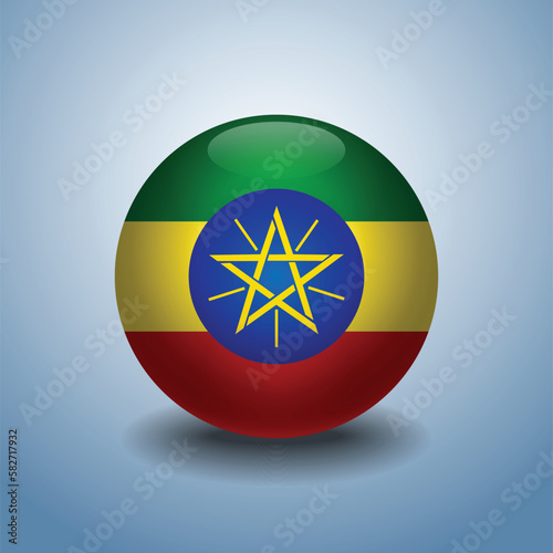 Ethiopia flag. Round glossy. Isolated on color gradient background