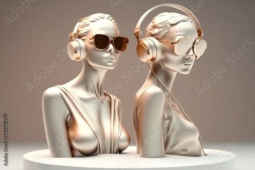 bust of a girl with sunglasses and headphones in silver color, created by a neural network, Generative AI technology