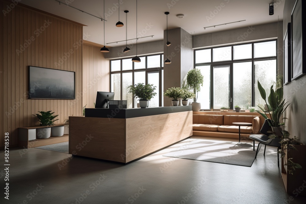 A stylish and minimalist medical clinic reception area with a warm wood