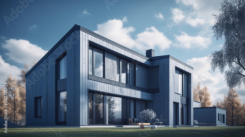 Grey house exterior on a blue sky background created with Generative AI
