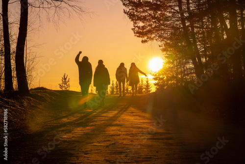 Beautiful Sunset Light and Road in Background. People are walking out of the Forest