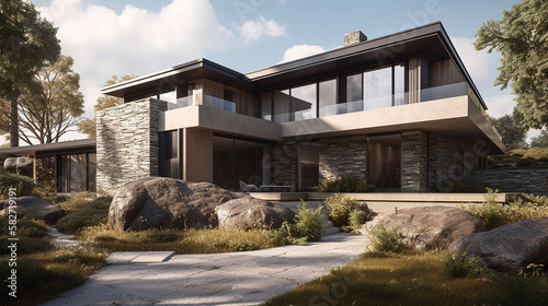 Modern house with stone and walkway created with Generative AI 