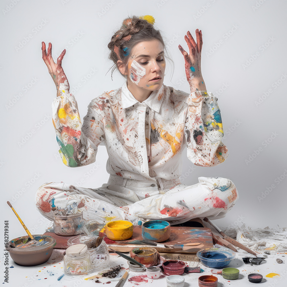 Fototapeta premium Frustrated Artist with Legs Crossed and Covered in Paint