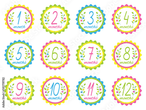 Baby monthly milestone stickers. Baby shower design elements. Vector illustration.