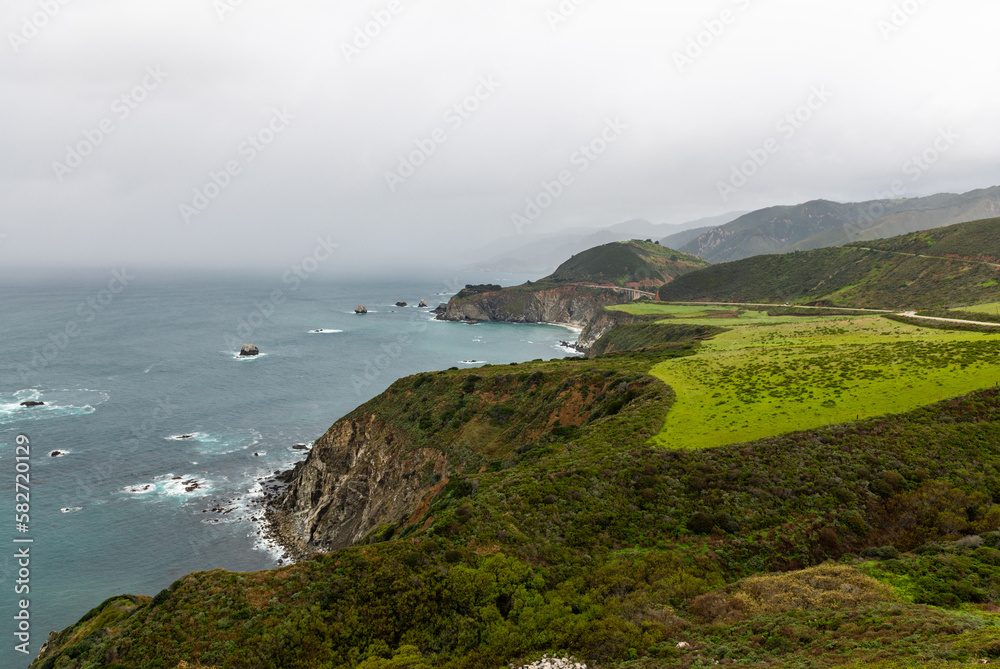 California Landscape with Cliffs and Pacific Ocean in Background next to California State Route 1