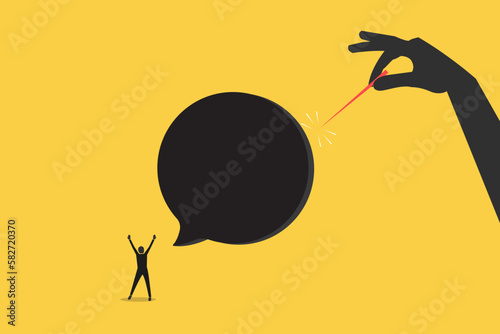Businessman talking fake message announcement with hand holding needle