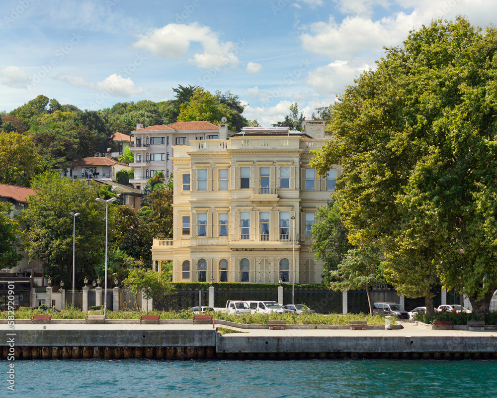 View from the sea of the European side of Bosphorus strait, Istanbul, Turkey
