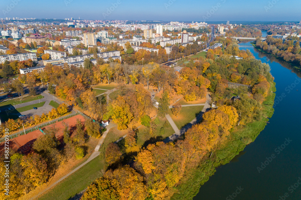 Public Park and River Neris in Vilnius City, Lithuania. Autumn. Tuskulenai Park