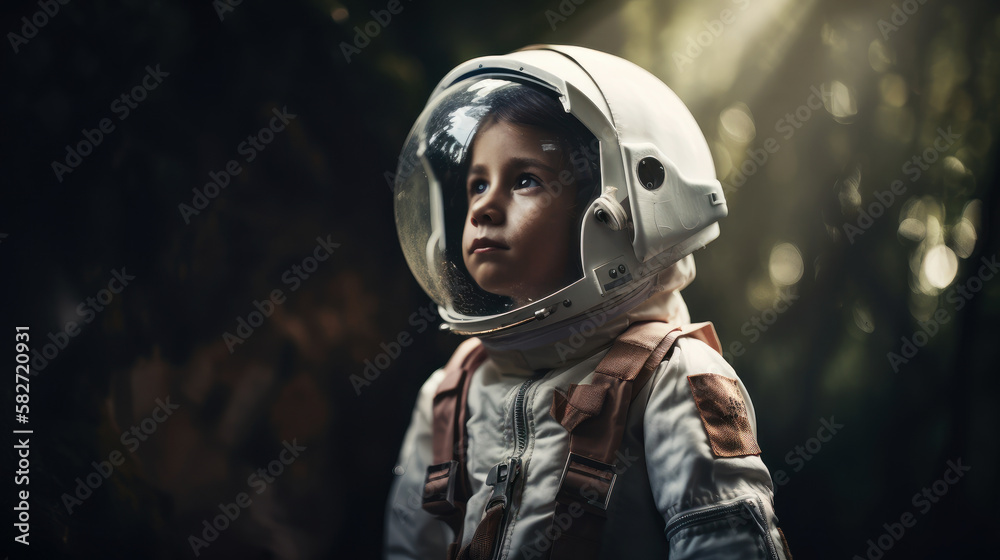 Little kid wearing spacesuit. Cosmonaut concept. Ai generated. Little kid wearing spacesuit. Cosmonaut concept. Ai generated.