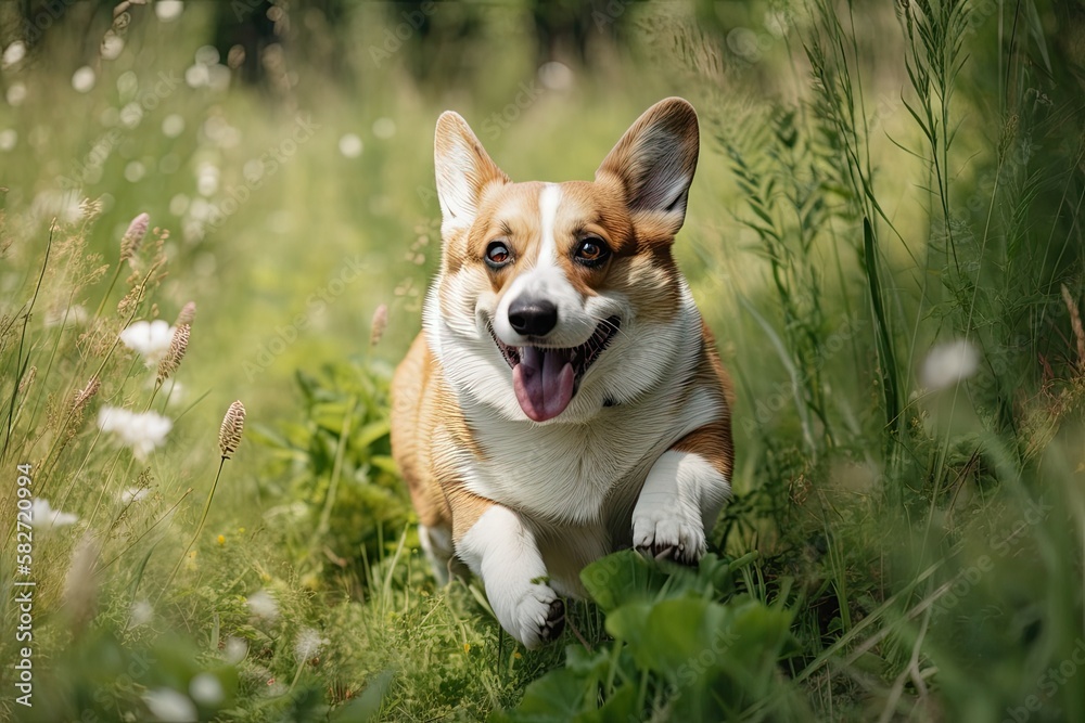 The Corgi dog runs in the grass. Generative AI
