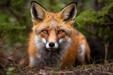Wild red fox vulpes observed in the wild in northern Canada during the spring and summer months, with dirt around the wild animal smelling the ground. Generative AI